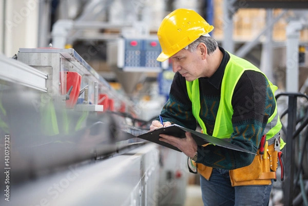 Fototapeta Senior worker in the factory operating machines
