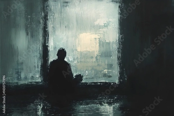 Obraz Digital abstract painting of a lonely man sitting by a window, watching rainy cityscape, conveying feelings of sadness, despair, melancholy and isolation