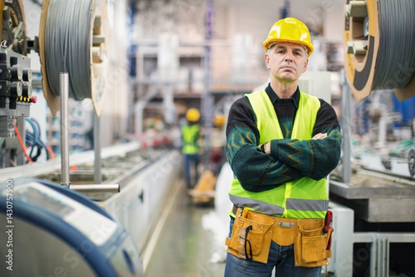 Obraz Senior worker in the factory operating machines and taking notes