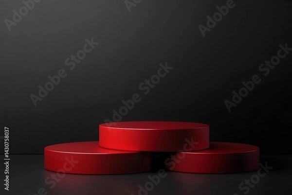 Fototapeta Minimalist red cylinder podiums creating a winner podest on black background for product placement, presentation, display, exhibition design