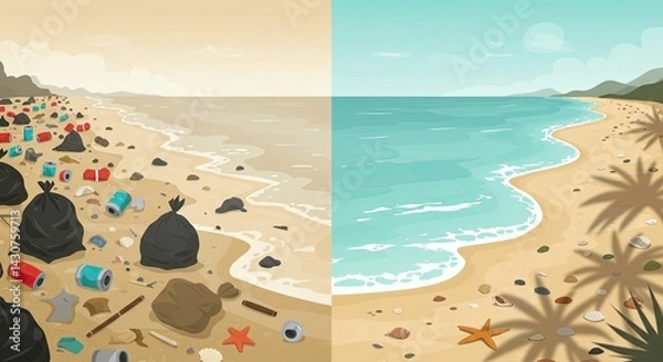 Fototapeta Dirty beach full of trash and a clean beach with shells and starfish side by side. Concept contrast about ocean plastic pollution. Problem vs solution.