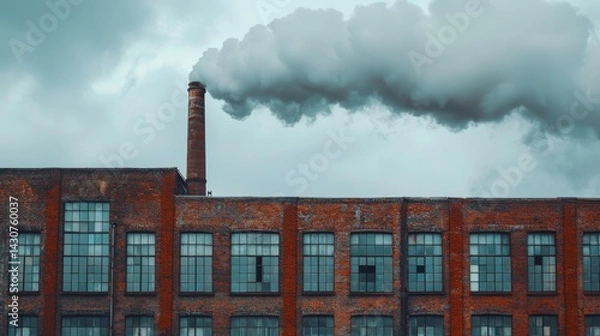 Fototapeta Pollution from Industrial Factory: Brick Building Emitting Smoke into Cloudy Sky