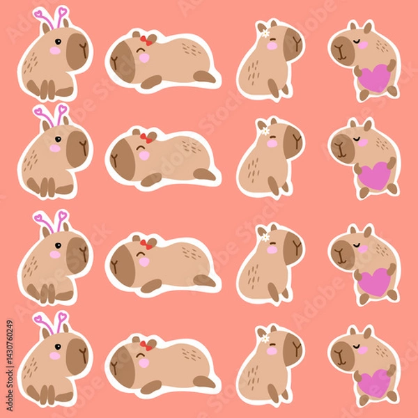 Fototapeta Cute Capybara Pattern: Seamless Pink Design with Adorable Capybaras Holding Hearts for Children's Products