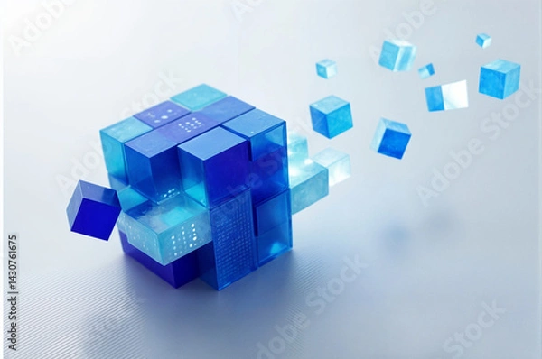 Fototapeta Blue cube made of smaller blue cubes with flying cubes. Perfect for technology, innovation, creativity concept visuals in design projects.