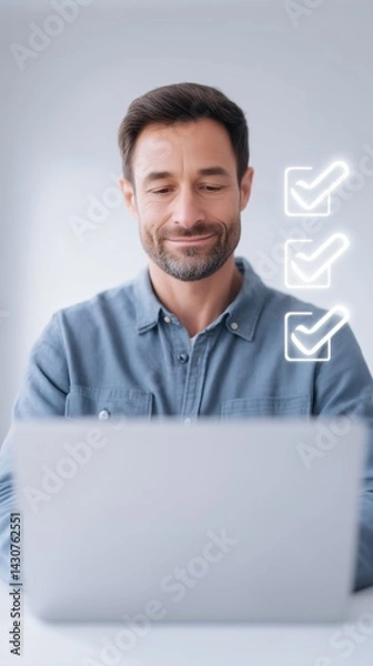 Fototapeta Smiling man working on laptop with checklist icons in background, representing productivity and organization in a modern workspace, work-life balance concept