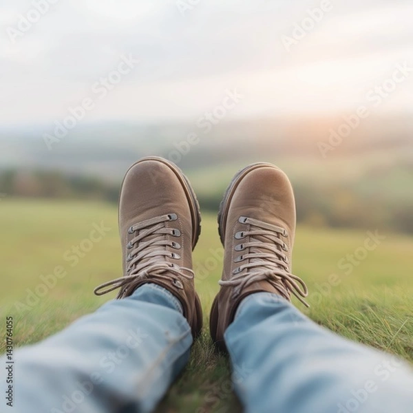 Fototapeta Outdoor adventure with hiking boots on grass, enjoying nature's beauty and tranquility, perfect for travel enthusiasts and outdoor lovers, hiking concept
