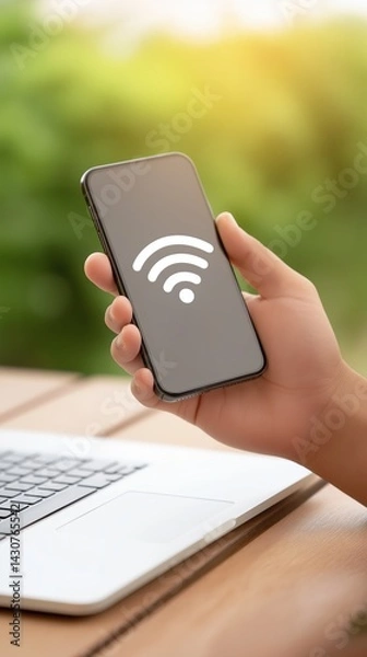 Fototapeta Smartphone displaying WiFi signal in hand with laptop on wooden table, showcasing modern technology and connectivity concept