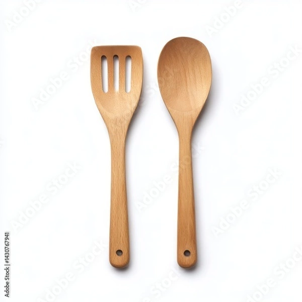 Fototapeta Wooden spatula and spoon utensils on white background