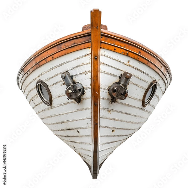 Obraz A vintage wooden ship’s helm with brass details, isolated on a white background. transparent PNG