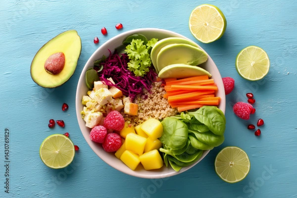 Fototapeta Vibrant Healthy Salad Bowl Featuring Avocado Mango Raspberries Carrots And Quinoa On Blue Surface