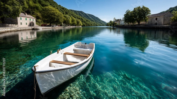 Fototapeta White Rowboat Floating On Calm Turquoise Lake Reflecting Lush Green Trees and Blue Sky Under Sunlight