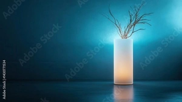 Fototapeta A contemporary vase made of glass featuring twigs at the top, beautifully illuminated with soft light against a soothing blue backdrop, creating a serene atmosphere.