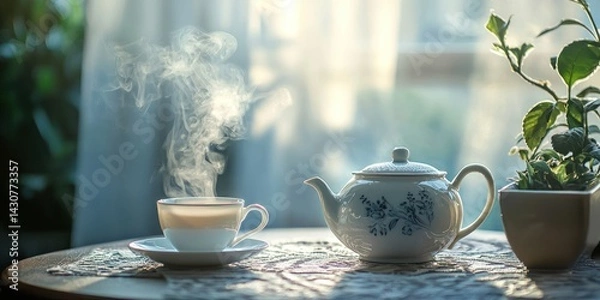 Fototapeta A simple, elegant tea setup with steam rising in the soft morning lightv