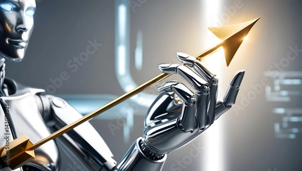 Obraz An advanced robot holding a golden arrow, symbolizing future progress, artificial intelligence, and technological innovation