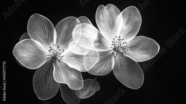 Fototapeta Delicate, translucent grayscale image of two blossoming flowers.