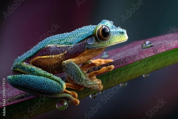 Fototapeta colorful frog on a leaf, close up of a rainforest amphibian