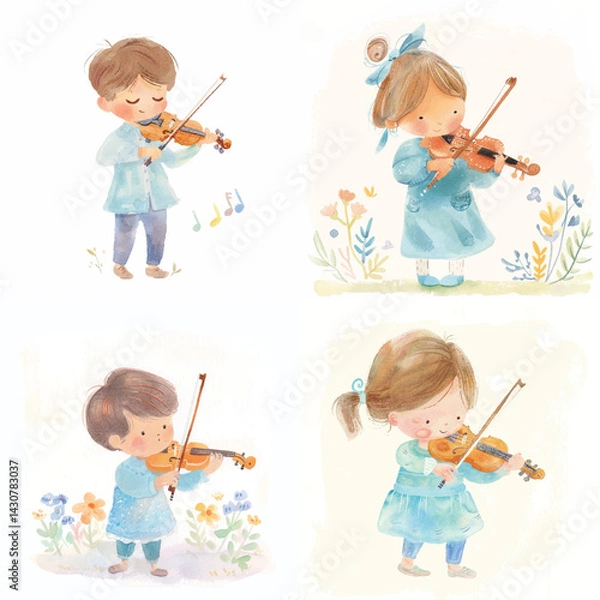 Obraz Hand-Painted Violin Playing Child Clipart Bundle

