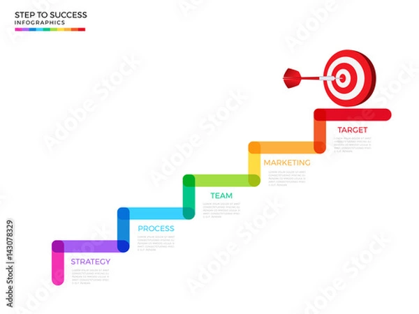 Obraz Stair step to dart board target and success concept. Business timeline modern colorful infographics template with icons and elements. Can be used for workflow layout, banner, diagram, web design