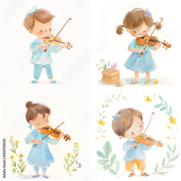 Obraz Hand-Painted Violin Playing Child Clipart Bundle

