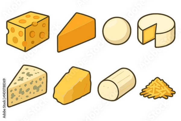 Fototapeta The list of cheeses includes Swiss, cheddar, mozzarella, brie, blue cheese, parmesan, goat cheese, and grated cheese