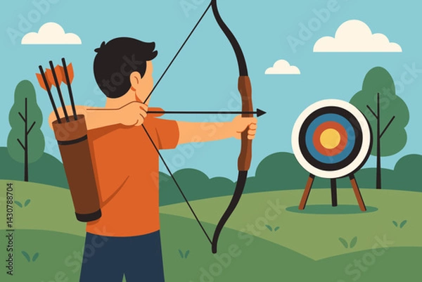 Fototapeta An archer is shown aiming a bow and arrow at a target outdoors with trees visible in the background