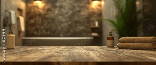 Fototapeta Relaxing Spa Bathroom Interior: Wooden Table with Towels and Soaps, Blurred Background