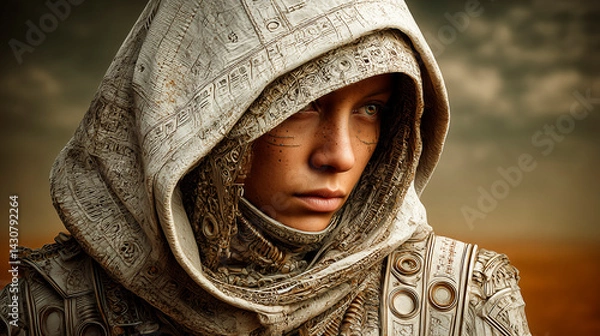 Fototapeta Mysterious Hooded Woman in Intricate Armor Standing in Ancient Desert with Overcast Sky