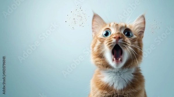 Fototapeta An energetic orange cat with bright blue eyes shows its delight by exclaiming with a wide-open mouth, perfectly portraying intense emotions in a simplistic backdrop.