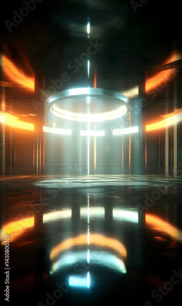 Fototapeta Enigmatic future platform illuminates the void with warm embrace and technological transcendence, presenting modern design