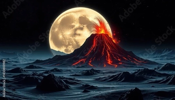 Obraz Volcano erupts under a large moon