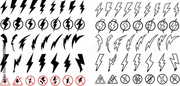 Fototapeta Multitype Black Outlined Electrical-Sparkle Icon Bundle. Graphical Arts and Illustration set  Representing Electric Signs and Symbols on white background.  
