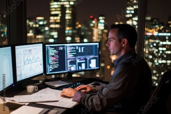 Fototapeta Focused man working at night in office with city lights through window and multiple screens displaying data