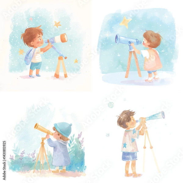 Obraz Cute Kid Using Telescope Watercolor Clipart Bundle

