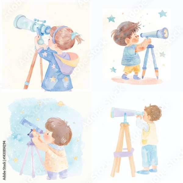 Obraz Hand-Painted Child Exploring with Telescope Clipart

