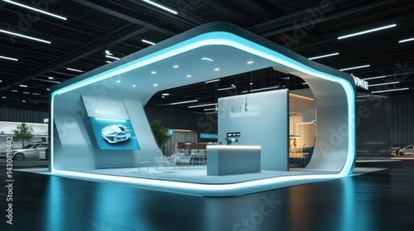 Fototapeta Modern exhibition booth design with light blue accents, featuring a curved structure, showcasing technology and sleek furniture