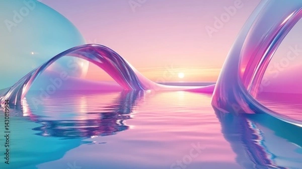 Fototapeta Abstract pastel landscape with liquid, flowing shapes reflecting on a calm surface