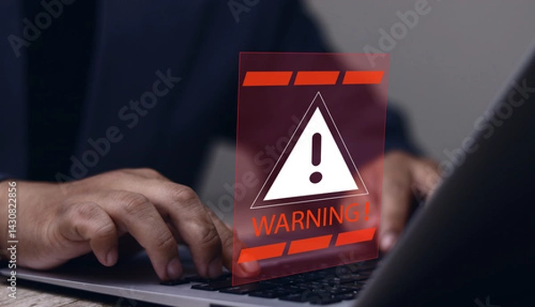 Fototapeta System warning hacked alert, cyber attack on computer network. Cybersecurity vulnerability, data breach, illegal connection, compromised information concept. Malicious software, virus and cybercrime.