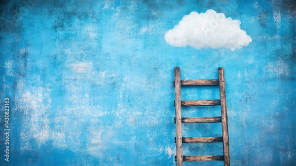 Obraz Wooden ladder reaching fluffy white cloud, blue background. Concept of dreams, goals, success, ambition. Generative AI