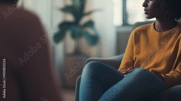 Fototapeta Woman sitting in a chair, focused in a consultation or therapy session.