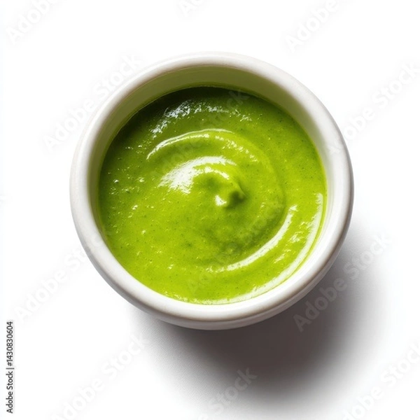 Fototapeta Green sauce in bowl, top view isolated on white background