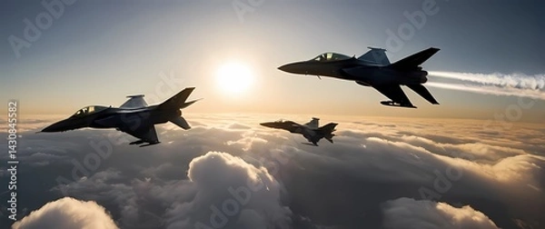 Obraz Stealthy military jets swooping low above thick cloud cover in vivid early morning light panorama