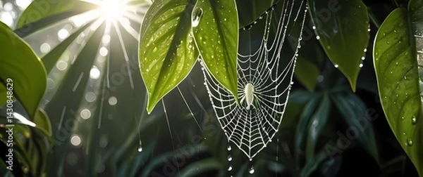 Obraz Spider web dripping with rain droplets stretched between tropical plant leaves glowing with filtered sunshine