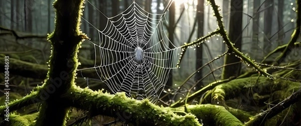 Fototapeta Spider web densely dotted with dew drops stretched between mossy branches sparkling in peaceful forest light