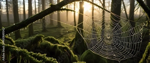 Fototapeta Spider web adorned with countless dew drops suspended between mossy branches in tranquil early dawn light