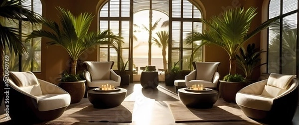 Fototapeta Spa setting with soft fabric chairs surrounded by potted palms and large windows filtering warm light