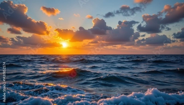 Fototapeta Ocean at golden hour with glowing sun and water reflection, serene seascape