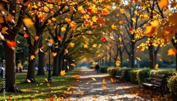 Fototapeta Colorful leaves falling in park, joyful autumn bliss and motion