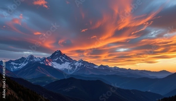 Obraz Sunset over majestic mountain range, glowing peaks and dramatic sky