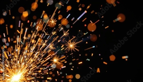 Fototapeta Sparks flying in black background, fiery light and motion photography