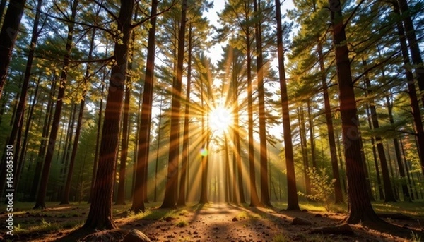 Fototapeta Sunlight through forest trees creating glowing natural archway